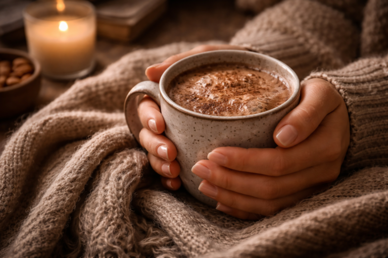 Hände halten eine warme Tasse Kakao in einer gemütlichen Umgebung mit weicher Decke und Kerzenlicht in warmen Braun- und Cremetönen