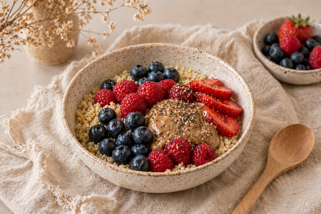 Hirse-Obst-Brei in einer Schale, das Obst ist frisch und einladend. Die Schale steht auf einem hellen Tuch, ein Holzlöffel liegt daneben und auch ein Schälchen mit Heidelbeeren und Erdbeeren steht im Hintergrund.
