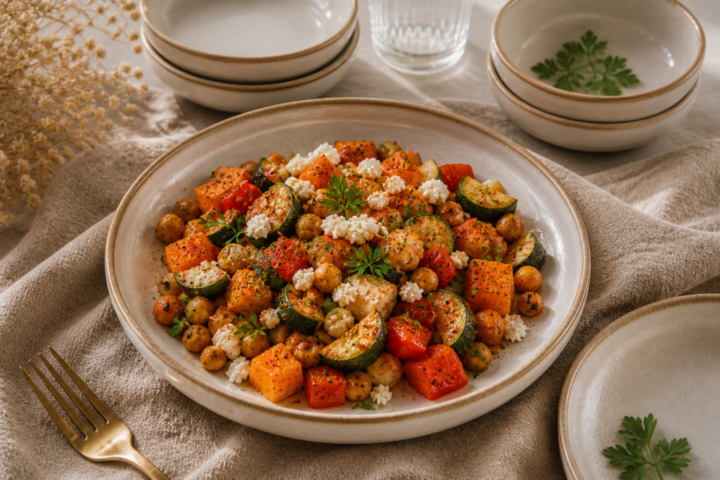Steingutteller mit wrmer Gemüse-Bowl darin. Ernährung gegen Heisßhunger vor der Periode